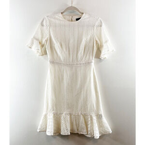 Banana Republic Eyelet Lace Cotton Ruffle Hem Short Sleeve Mini Dress White 0 P
